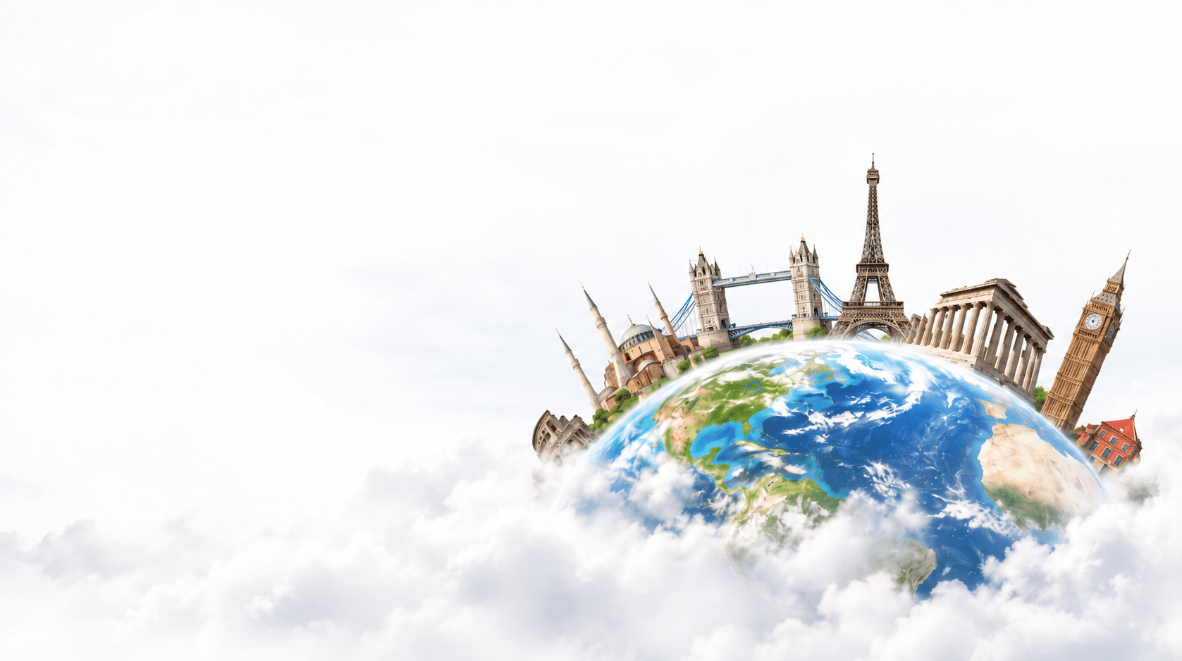 Globe surrounded by landmarks from Europe and beyond