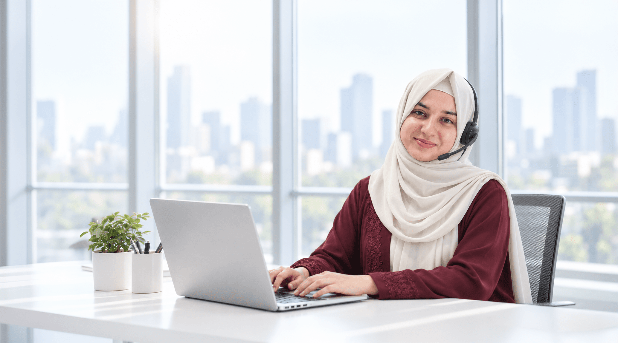 Call center agent wearing a headset and ready to help travelers