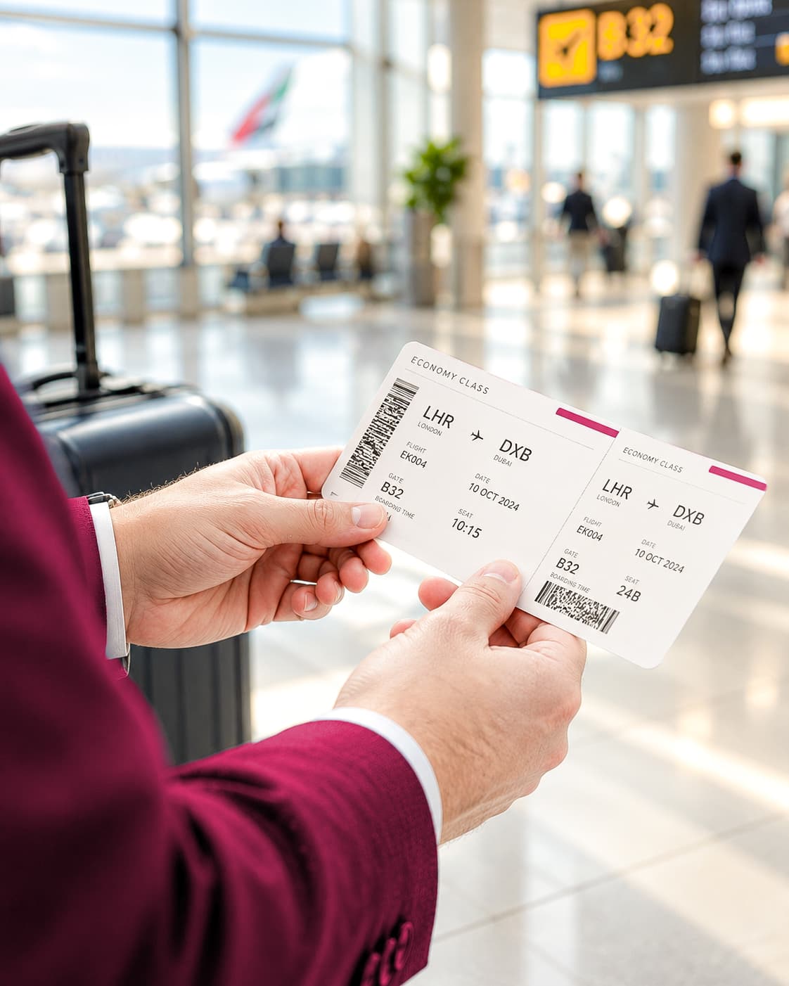 Traveler holding flight tickets at an airport