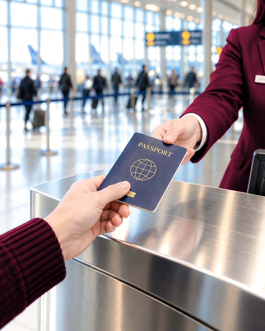 Traveler handing over a passport at an airport counter